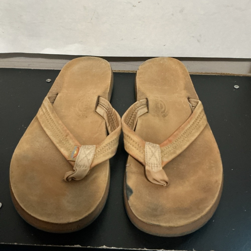 Rainbow Brown Leather Flip Flops Mens Sandals 11.75 Inched Heel To Toe Stained